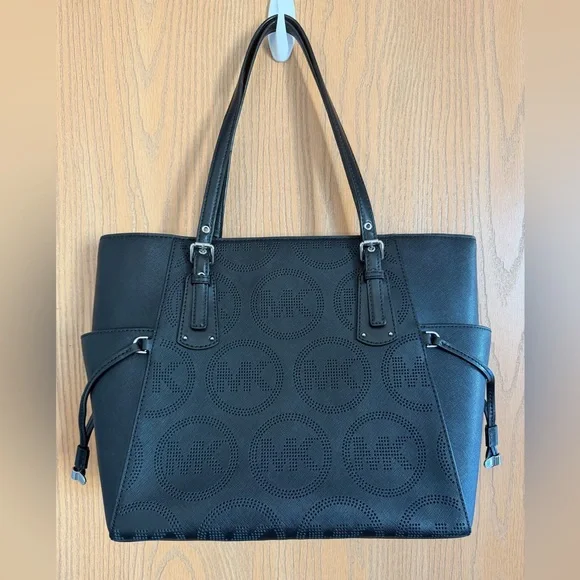 MICHAEL KORS Large Voyager Signature Black Leather MK Logo Luxury Tote Purse Bag - Picture 8 of 16